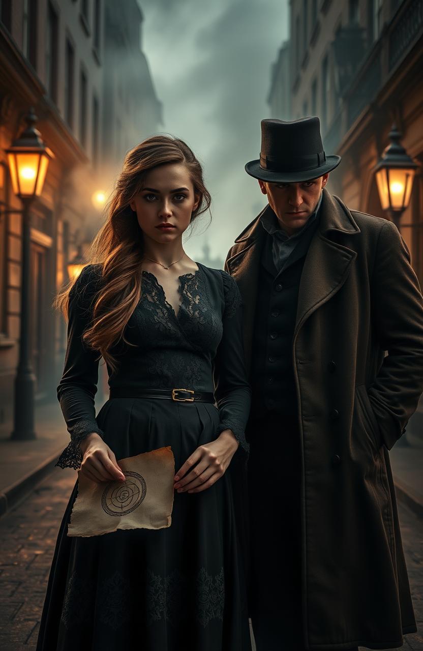In an atmospheric, moody scene set in 1800s London, a determined young woman named Lillian Sterling stands in the shadowy streets, illuminated by gas lamps