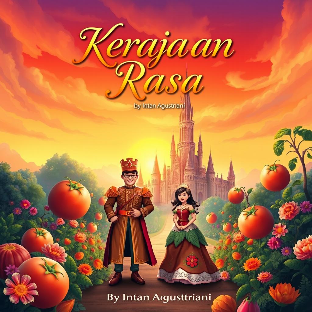 A magical and whimsical book cover titled 'Kerajaan Rasa' featuring the main characters, Pangeran Jahe (Prince Ginger) and Putri Tomat (Princess Tomato)