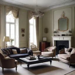 A drawing room with light color walls contrasted with dark furniture.