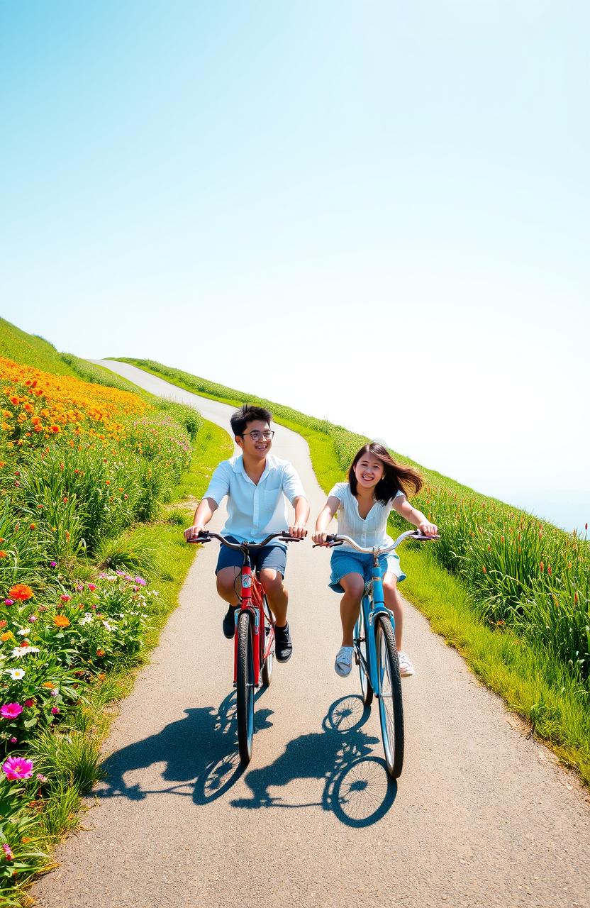 A scenic view of two Vietnamese students, one male and one female, joyfully riding a bicycle together along a long, winding road