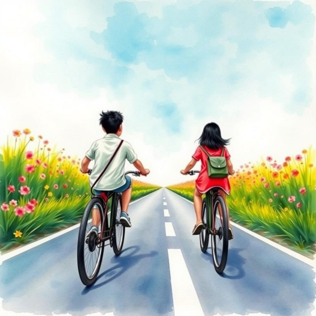 A watercolor painting depicting two Vietnamese students, one male and one female, riding a bicycle together along a long road
