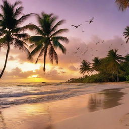 A tropical sunset over a serene beach with lush palm trees and a gentle tide coming in. There are sea birds circling the skies above in the warm, vividly colored sky.