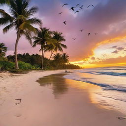 A tropical sunset over a serene beach with lush palm trees and a gentle tide coming in. There are sea birds circling the skies above in the warm, vividly colored sky.