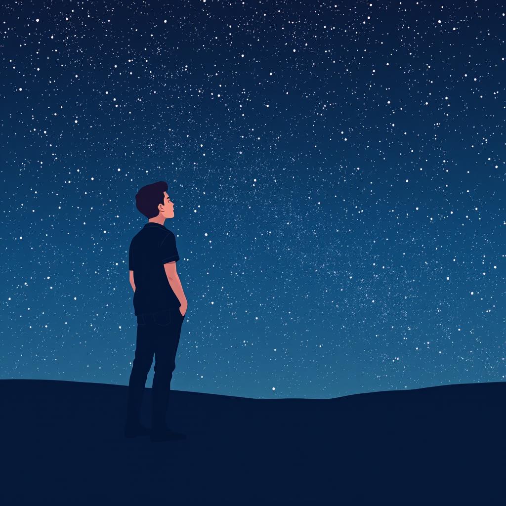 A flat illustration of a young man standing on a hill, wearing a black shirt and black pants