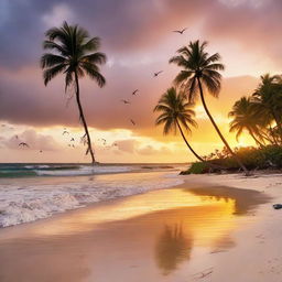 A tropical sunset over a serene beach with lush palm trees and a gentle tide coming in. There are sea birds circling the skies above in the warm, vividly colored sky.