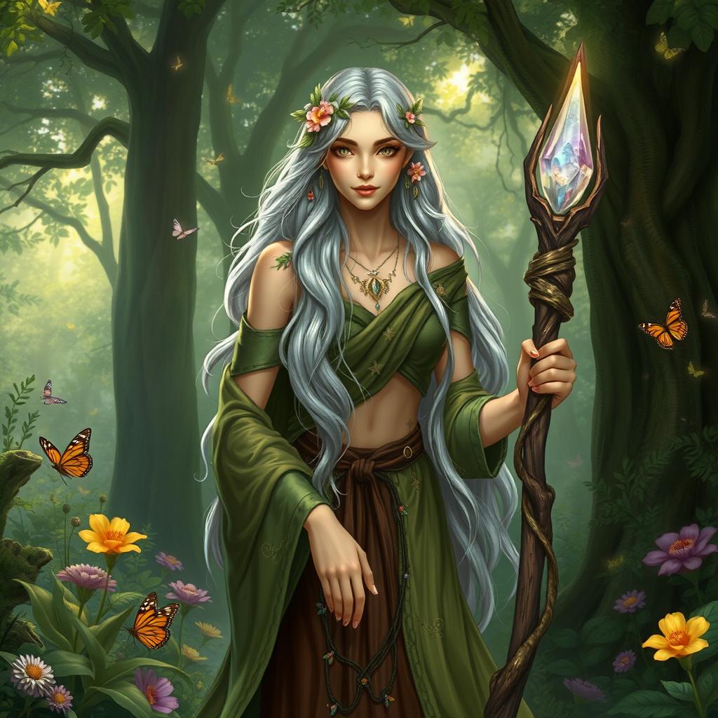 A graceful female eladrin druid standing in a lush, enchanted forest