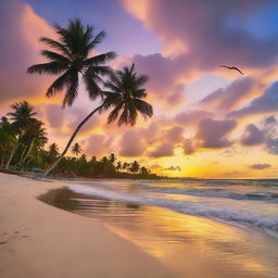 A tropical sunset over a serene beach with lush palm trees and a gentle tide coming in. There are sea birds circling the skies above in the warm, vividly colored sky.