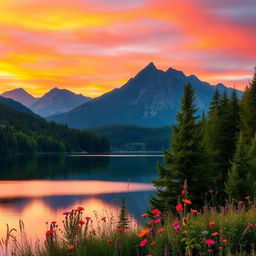 A serene landscape featuring a tranquil lake surrounded by lush green forests and majestic mountains in the background