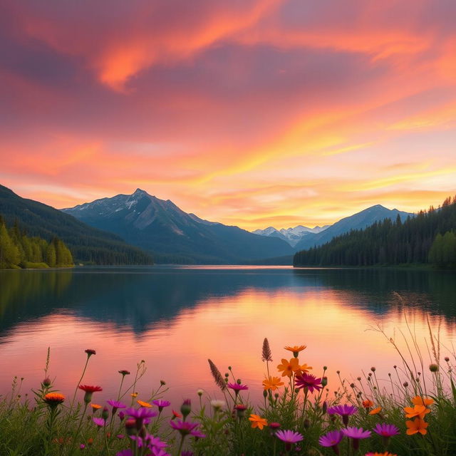 A serene landscape featuring a tranquil lake surrounded by lush green forests and majestic mountains in the background