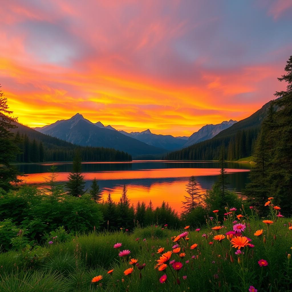 A serene landscape featuring a tranquil lake surrounded by lush green forests and majestic mountains in the background