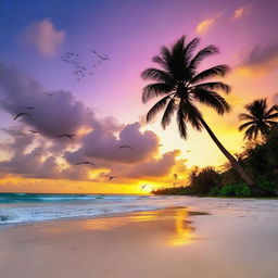 A tropical sunset with vivid colors splashing across the sky over a tranquil beach. Palm trees swaying gently, shading the white sand, while the tide whispers to the shore. Sea birds spiral in the sky, basking in the fading warmth.