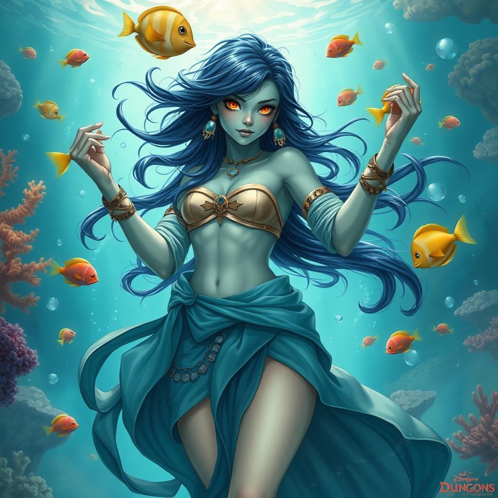 A full-body illustration of a female Dungeons and Dragons water genasi character