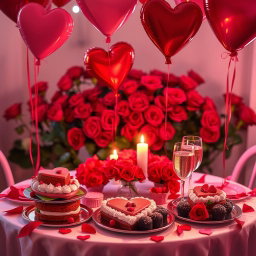 A vibrant Valentine's Day celebration scene with a table set for two, adorned with red and pink decorations, heart-shaped balloons floating above