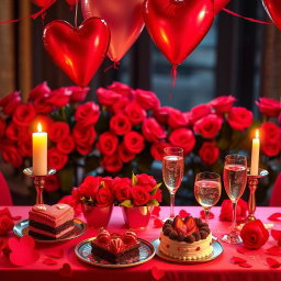 A vibrant Valentine's Day celebration scene with a table set for two, adorned with red and pink decorations, heart-shaped balloons floating above