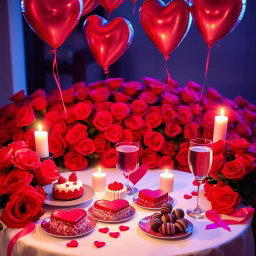 A vibrant Valentine's Day celebration scene with a table set for two, adorned with red and pink decorations, heart-shaped balloons floating above