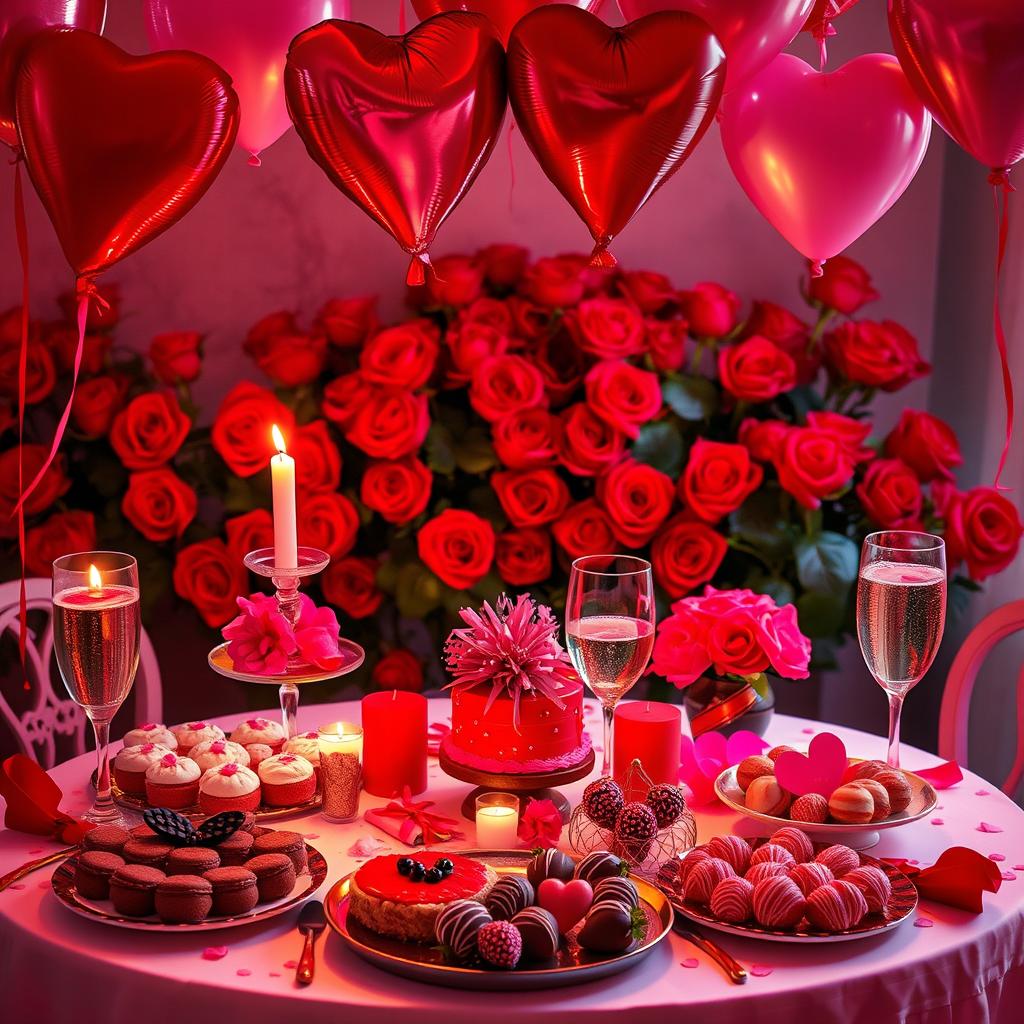 A vibrant Valentine's Day celebration scene with a table set for two, adorned with red and pink decorations, heart-shaped balloons floating above