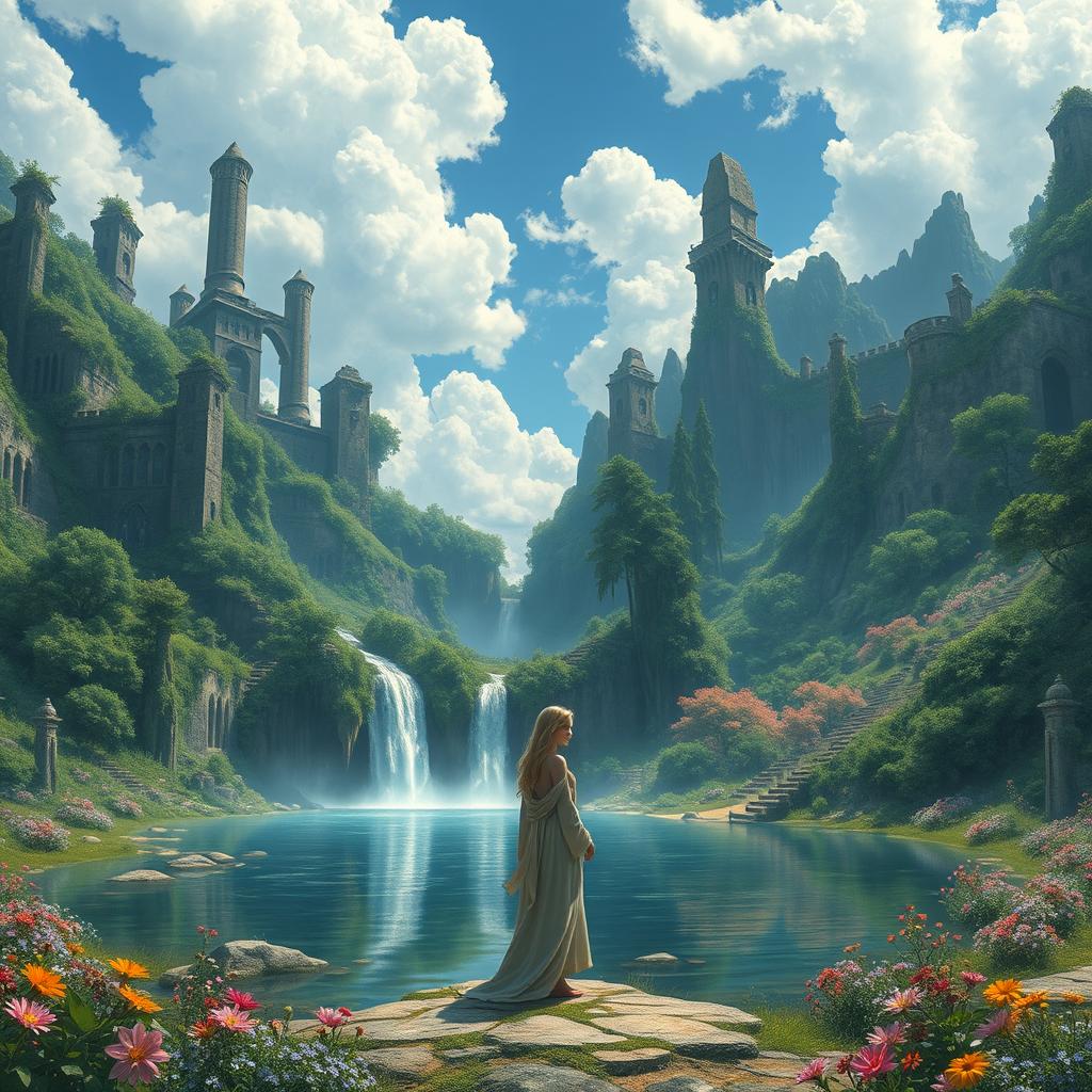 A breathtaking fantasy landscape filled with ancient ruins, with towering stone structures entwined with lush greenery