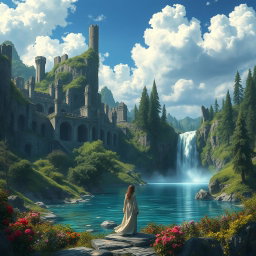 A breathtaking fantasy landscape filled with ancient ruins, with towering stone structures entwined with lush greenery