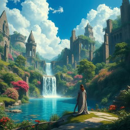 A breathtaking fantasy landscape filled with ancient ruins, with towering stone structures entwined with lush greenery