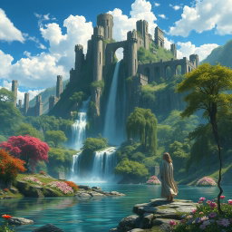 A breathtaking fantasy landscape filled with ancient ruins, with towering stone structures entwined with lush greenery