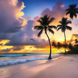 A tropical sunset with vivid colors splashing across the sky over a tranquil beach. Palm trees swaying gently, shading the white sand, while the tide whispers to the shore. Sea birds spiral in the sky, basking in the fading warmth.