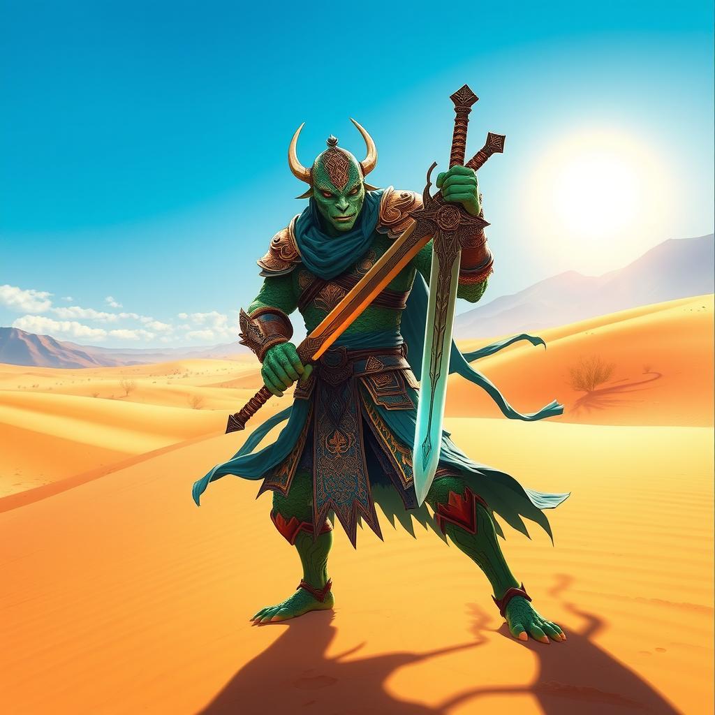 A Yuan-ti warrior wielding a sword, standing confidently in an expansive desert landscape