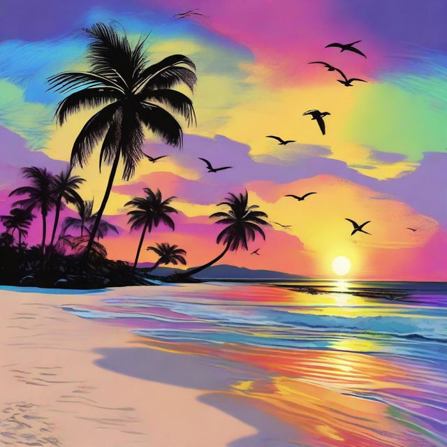 A tropical sunset with vivid colors splashing across the sky over a tranquil beach. Palm trees swaying gently, shading the white sand, while the tide whispers to the shore. Sea birds spiral in the sky, basking in the fading warmth.