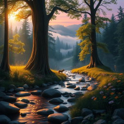 A serene and enchanting forest scene at dusk, illuminated by soft golden light filtering through the leaves