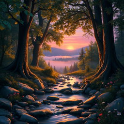 A serene and enchanting forest scene at dusk, illuminated by soft golden light filtering through the leaves