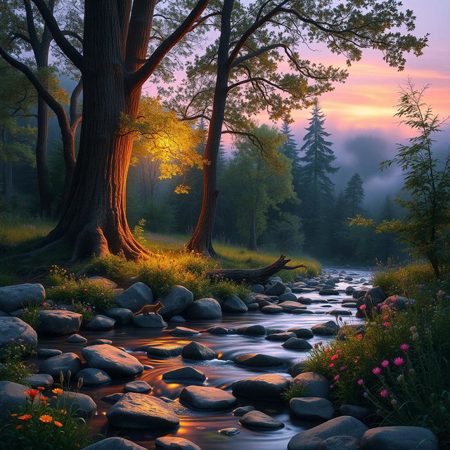 A serene and enchanting forest scene at dusk, illuminated by soft golden light filtering through the leaves