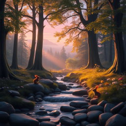 A serene and enchanting forest scene at dusk, illuminated by soft golden light filtering through the leaves