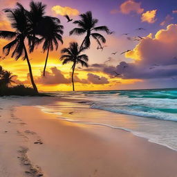 A tropical sunset with vivid colors splashing across the sky over a tranquil beach. Palm trees swaying gently, shading the white sand, while the tide whispers to the shore. Sea birds spiral in the sky, basking in the fading warmth.