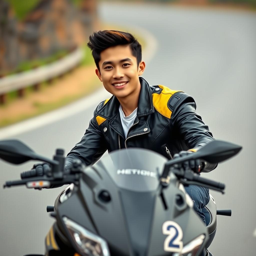 A handsome Asian young man with a quiff hairstyle, smiling adorably while sitting on a sleek black sport motorcycle with the number 2 displayed on the front