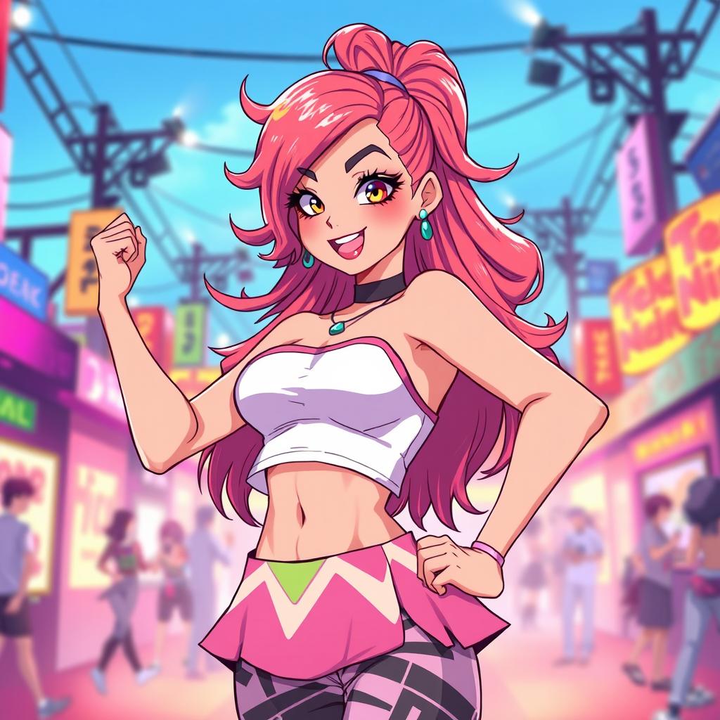 A dynamic and expressive illustration of Shermie, a character known for her vibrant and energetic persona, featuring her flamboyant hairstyle with auburn and pink hues, dressed in her iconic stylish outfit made up of a crop top and a skirt with a unique geometric pattern