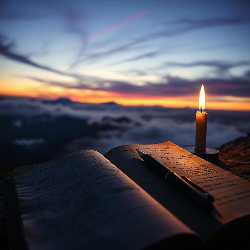 A hauntingly beautiful scene focusing on the theme of preparedness in the face of death, featuring a serene landscape at dusk