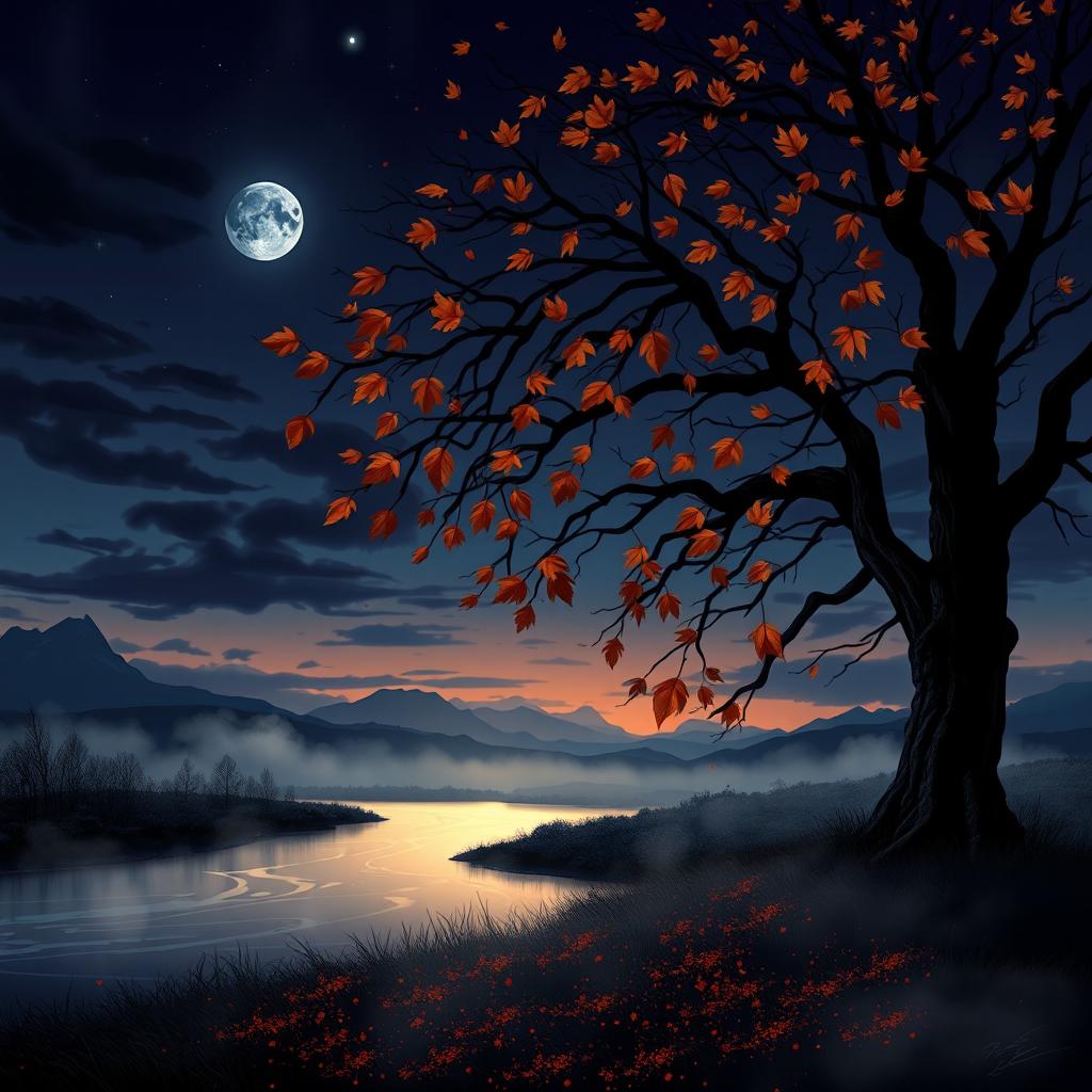 An abstract representation of the concept of death and dying, featuring a twilight landscape with dark, swirling clouds and faint stars emerging in the night sky