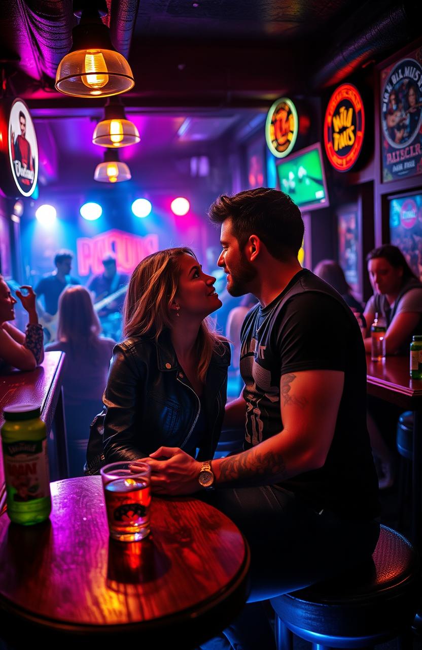 A romantic scene set in a dark, atmospheric rock bar, featuring a couple deeply engaged in each other's eyes