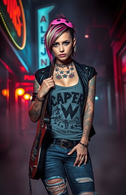 A tattooed rock chick in a dark romance setting, standing confidently with an electric guitar slung over her shoulder