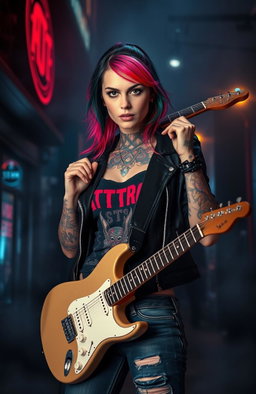 A tattooed rock chick in a dark romance setting, standing confidently with an electric guitar slung over her shoulder