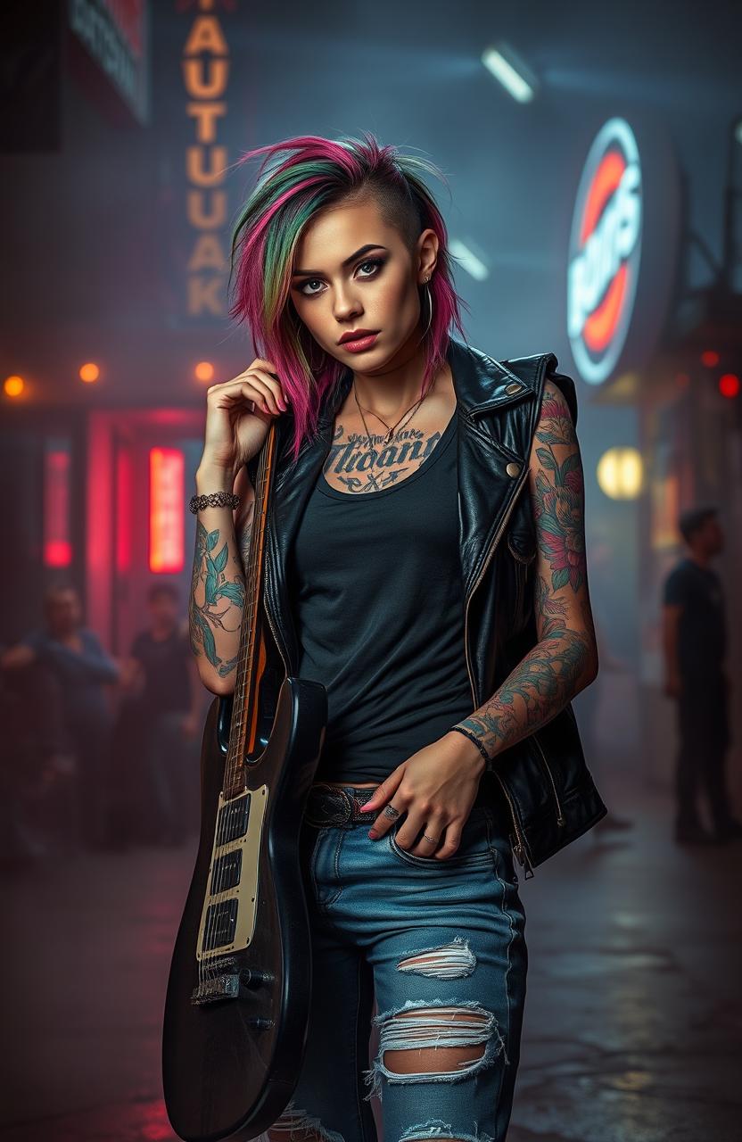 A tattooed rock chick in a dark romance setting, standing confidently with an electric guitar slung over her shoulder