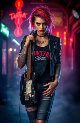 A tattooed rock chick in a dark romance setting, standing confidently with an electric guitar slung over her shoulder