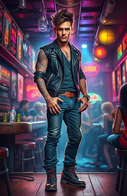 A rugged male figure with numerous tattoos, standing confidently in a dimly lit rock bar filled with vibrant energy