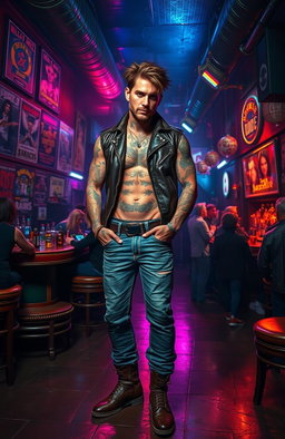A rugged male figure with numerous tattoos, standing confidently in a dimly lit rock bar filled with vibrant energy