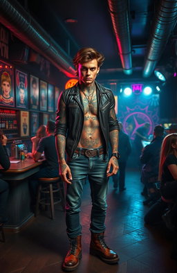 A rugged male figure with numerous tattoos, standing confidently in a dimly lit rock bar filled with vibrant energy
