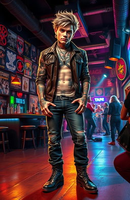 A rugged male figure with numerous tattoos, standing confidently in a dimly lit rock bar filled with vibrant energy