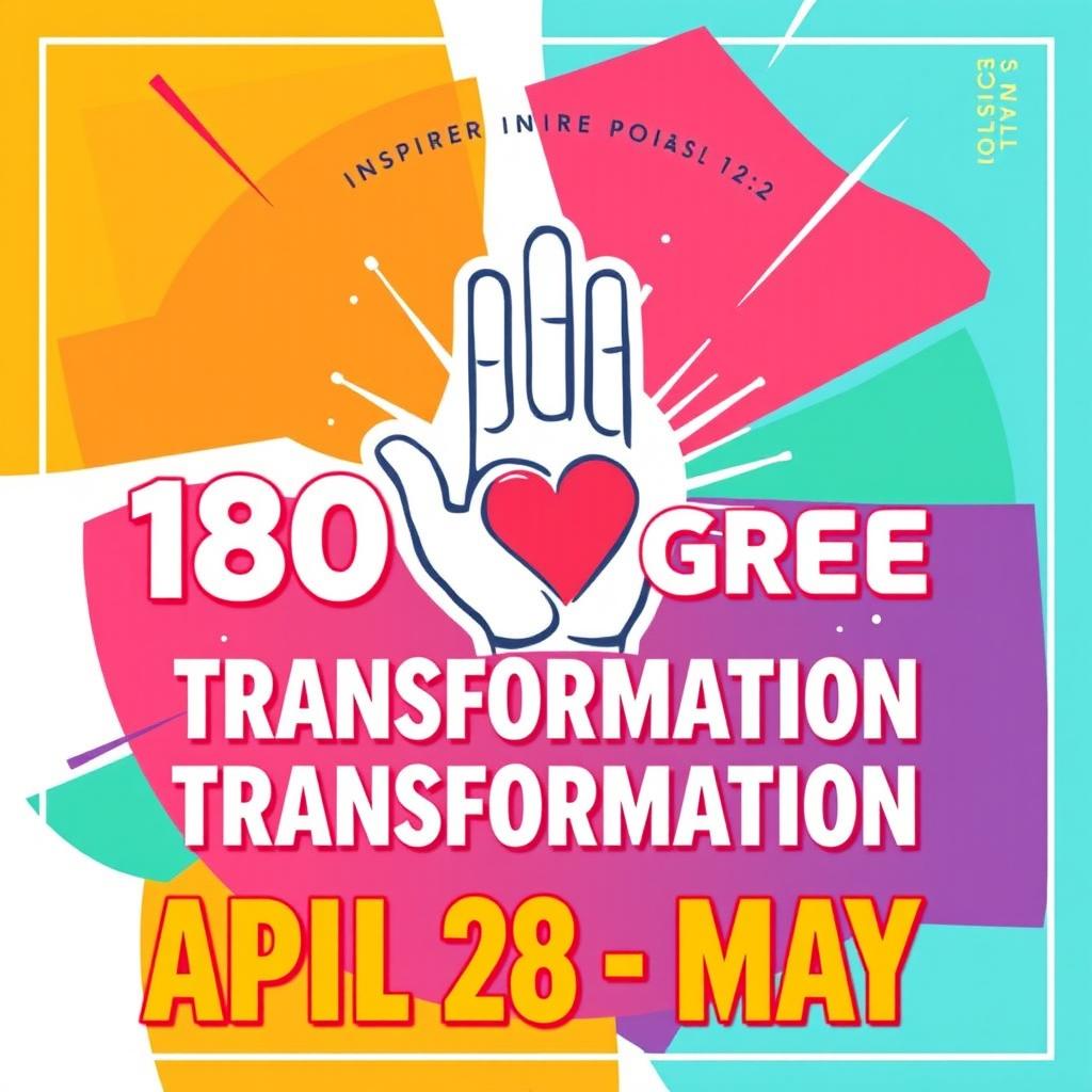 A vibrant and engaging pubmat design featuring the theme '180 Degree Transformation', inspired by Romans 12:2
