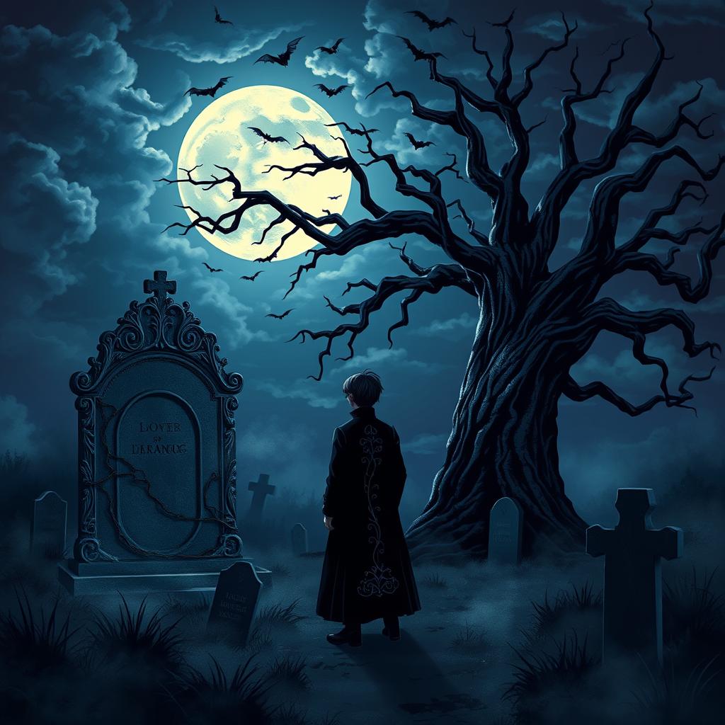 A dark, atmospheric illustration of a gothic-themed scene depicting a person standing in a spooky graveyard under a full moon