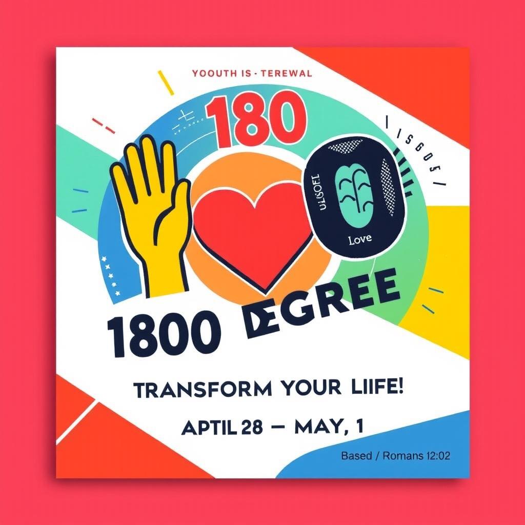 A vibrant and eye-catching promotional material design for a youth event themed '180 Degree' based on Romans 12:02