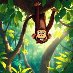 In a vibrant forest, a cute brown monkey is hanging upside down from a tree, joyfully munching on a big piece of chocolate