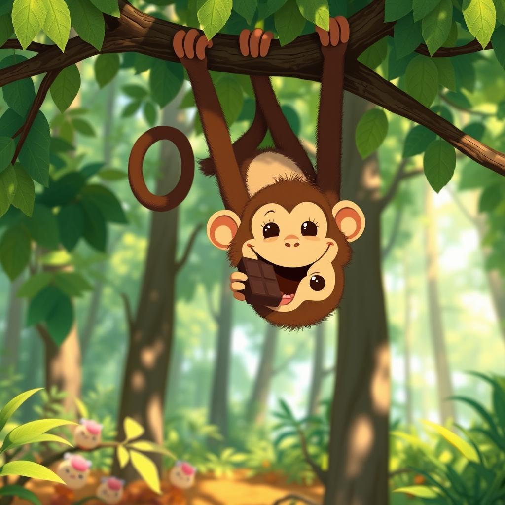 In a vibrant forest, a cute brown monkey is hanging upside down from a tree, joyfully munching on a big piece of chocolate